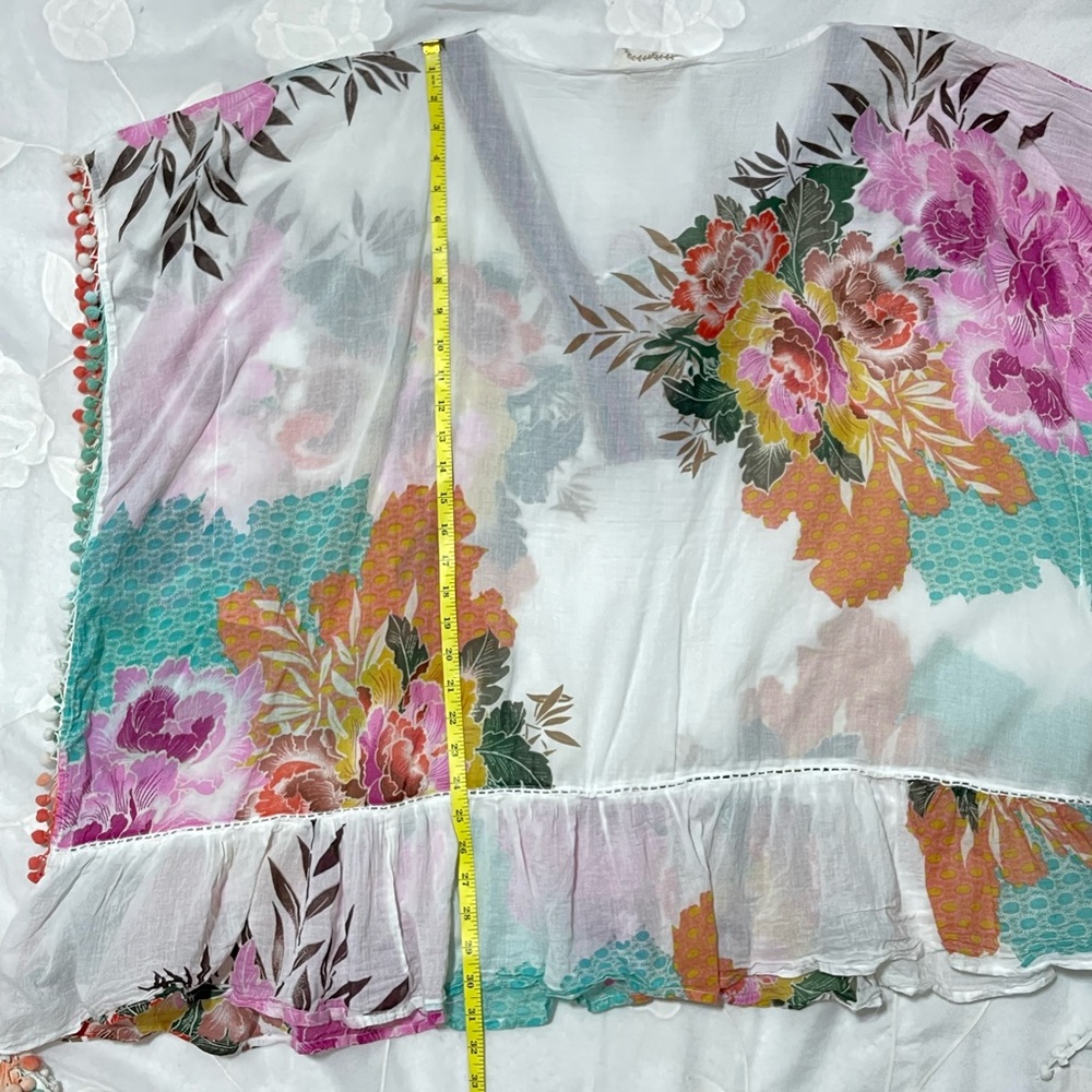 Z&L Floral Lace-Up Pom Pom Swim Caftan Coverup - White with Pink & Mint - Picture 13 of 14
